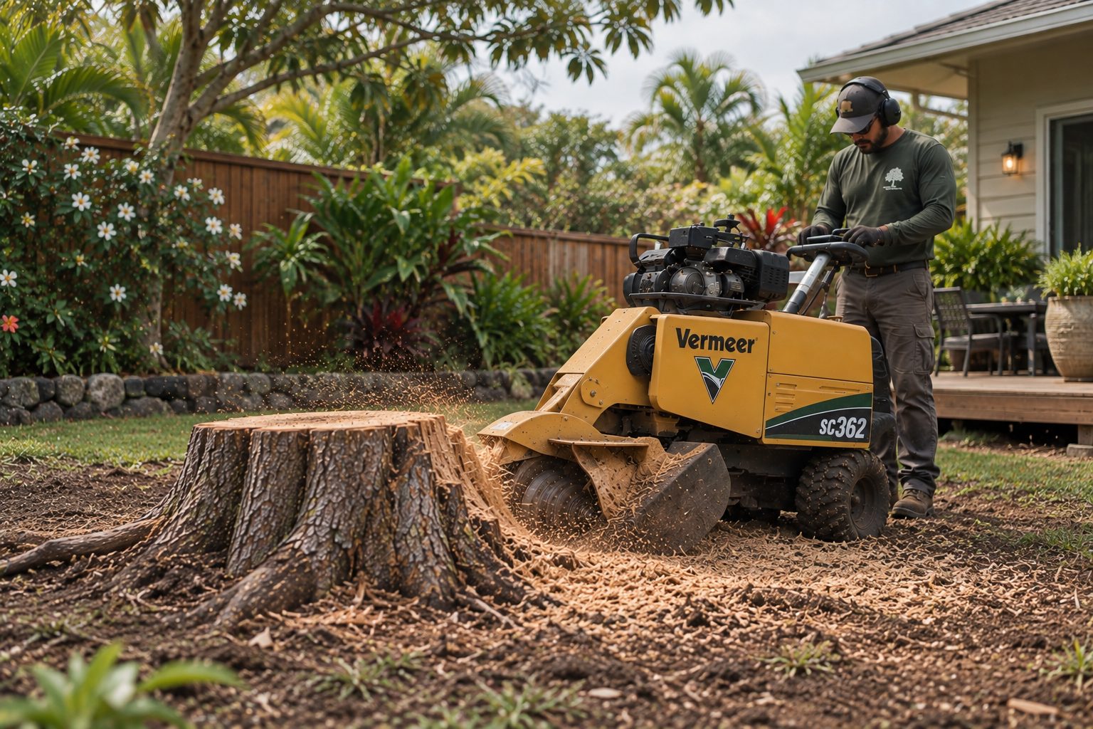 A stump and surface roots next to a grinder in a backyard