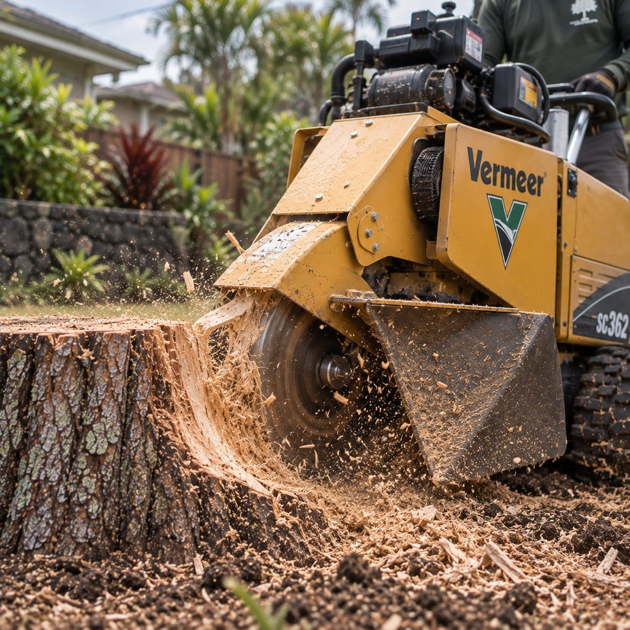 A stump grinder cutting into a tree stump